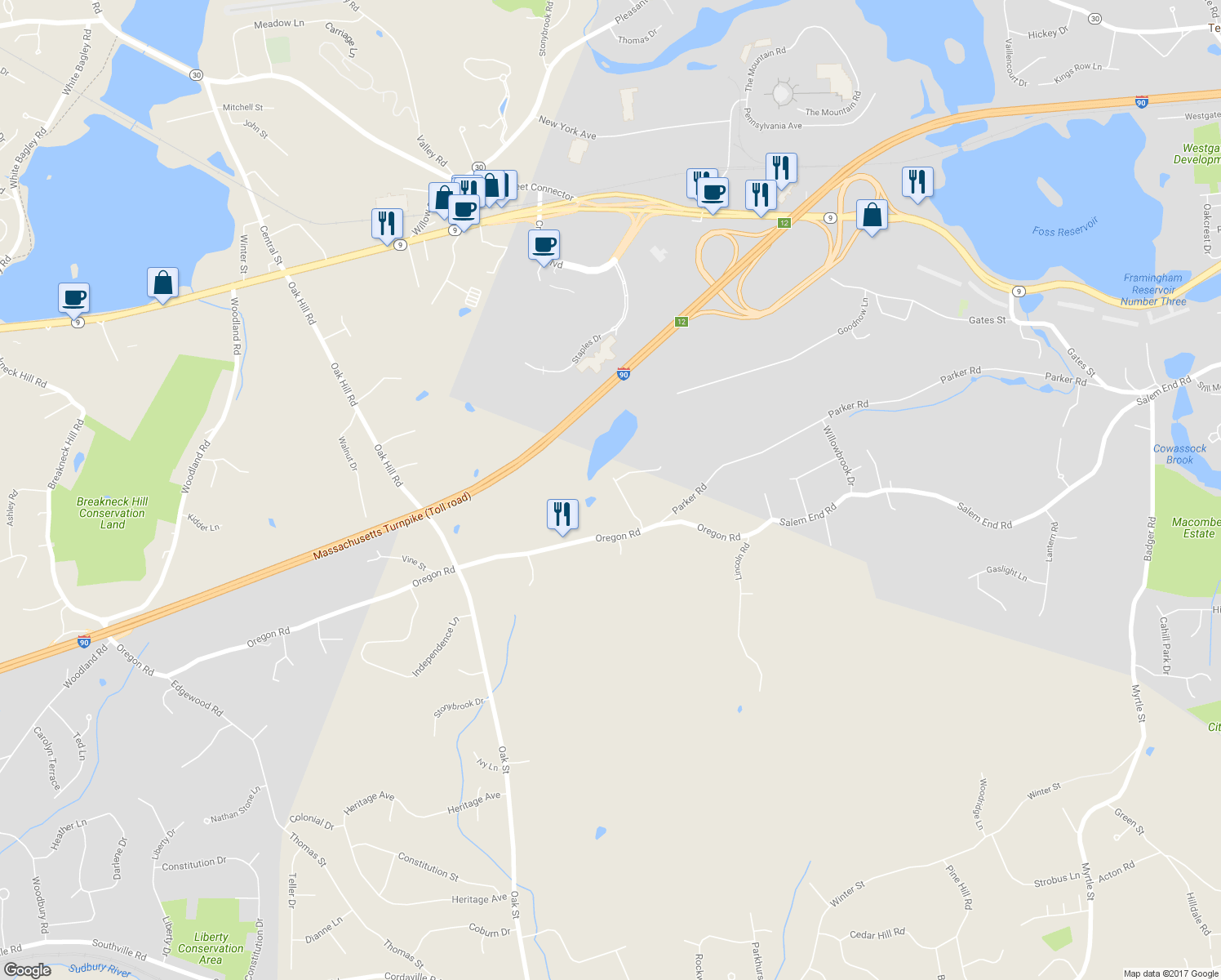 map of restaurants, bars, coffee shops, grocery stores, and more near 18 Pilgrim Road in Ashland