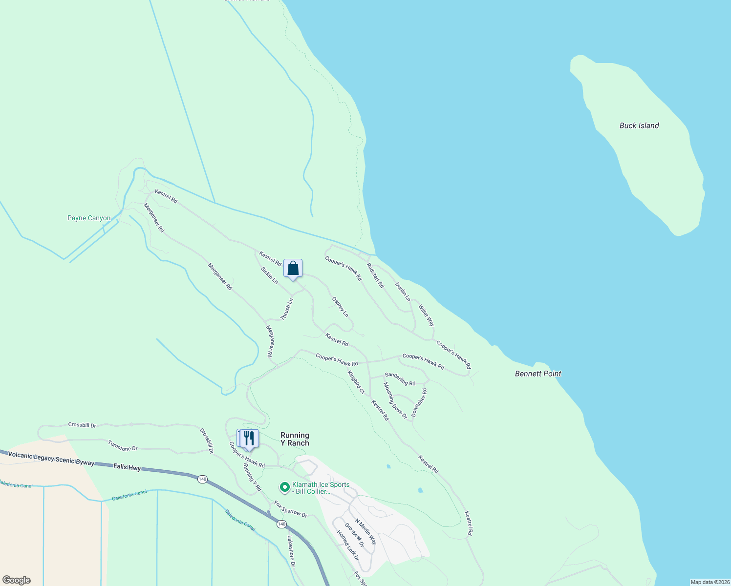 map of restaurants, bars, coffee shops, grocery stores, and more near 6749 Cooper's Hawk Road in Klamath Falls