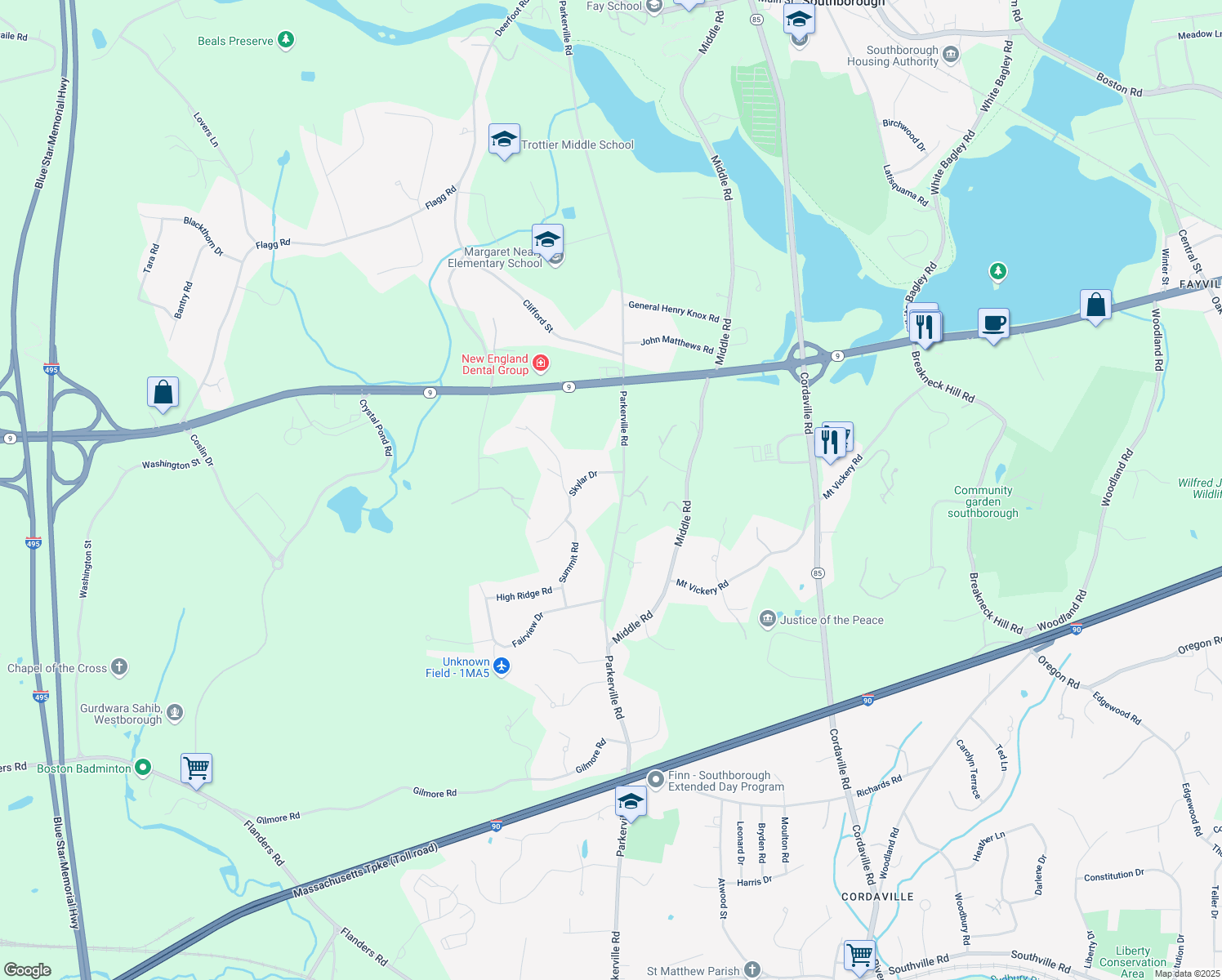 map of restaurants, bars, coffee shops, grocery stores, and more near 139 Parkerville Road in Southborough