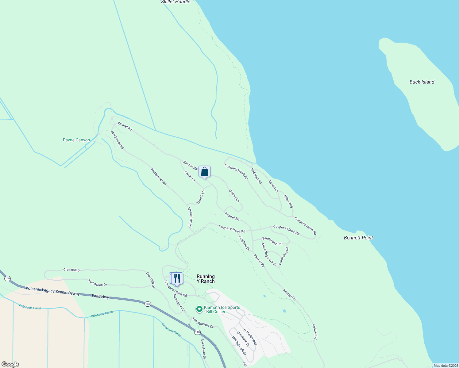 map of restaurants, bars, coffee shops, grocery stores, and more near 6563 Osprey Lane in Klamath Falls