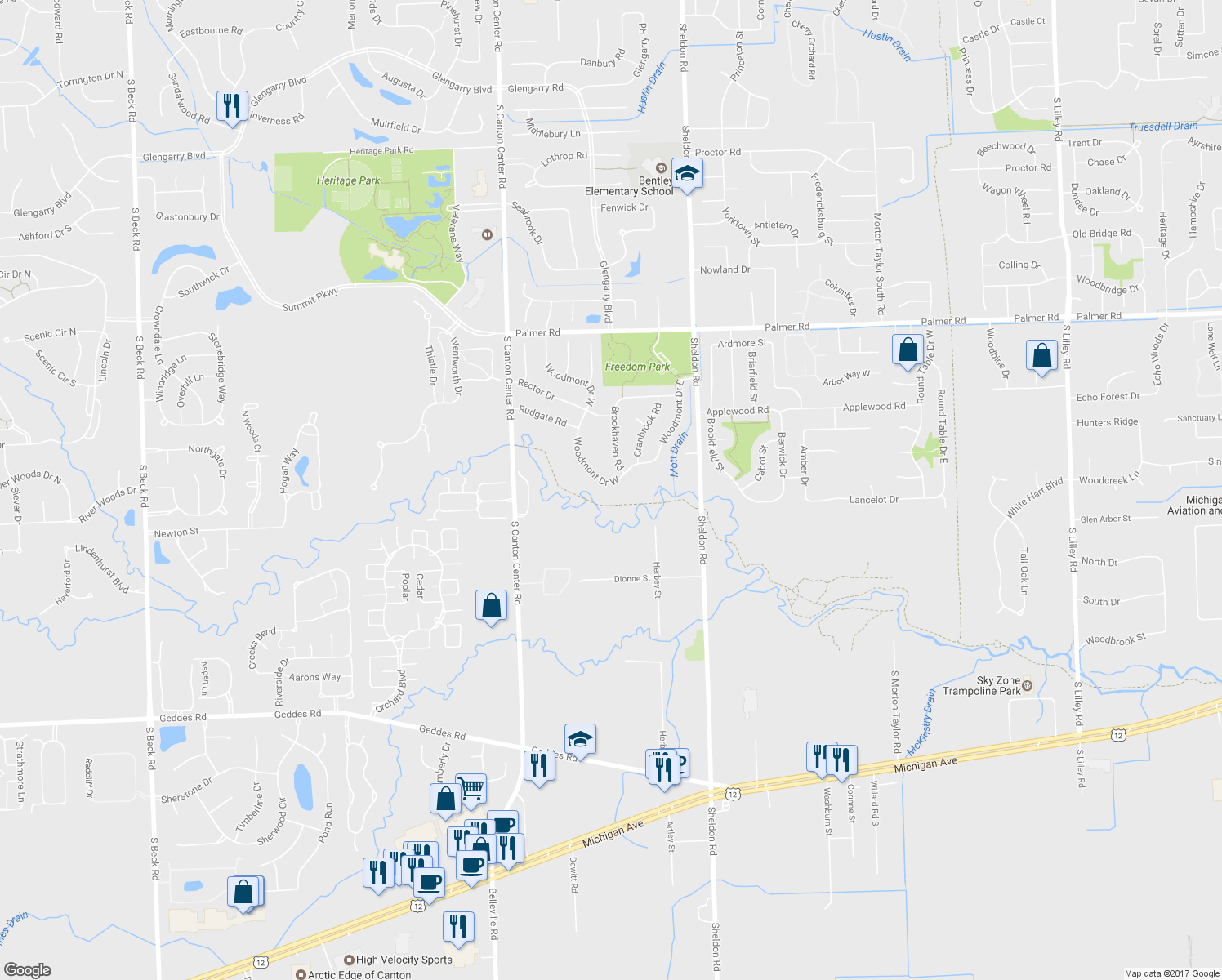 map of restaurants, bars, coffee shops, grocery stores, and more near 2868 Woodmont Drive West in Canton