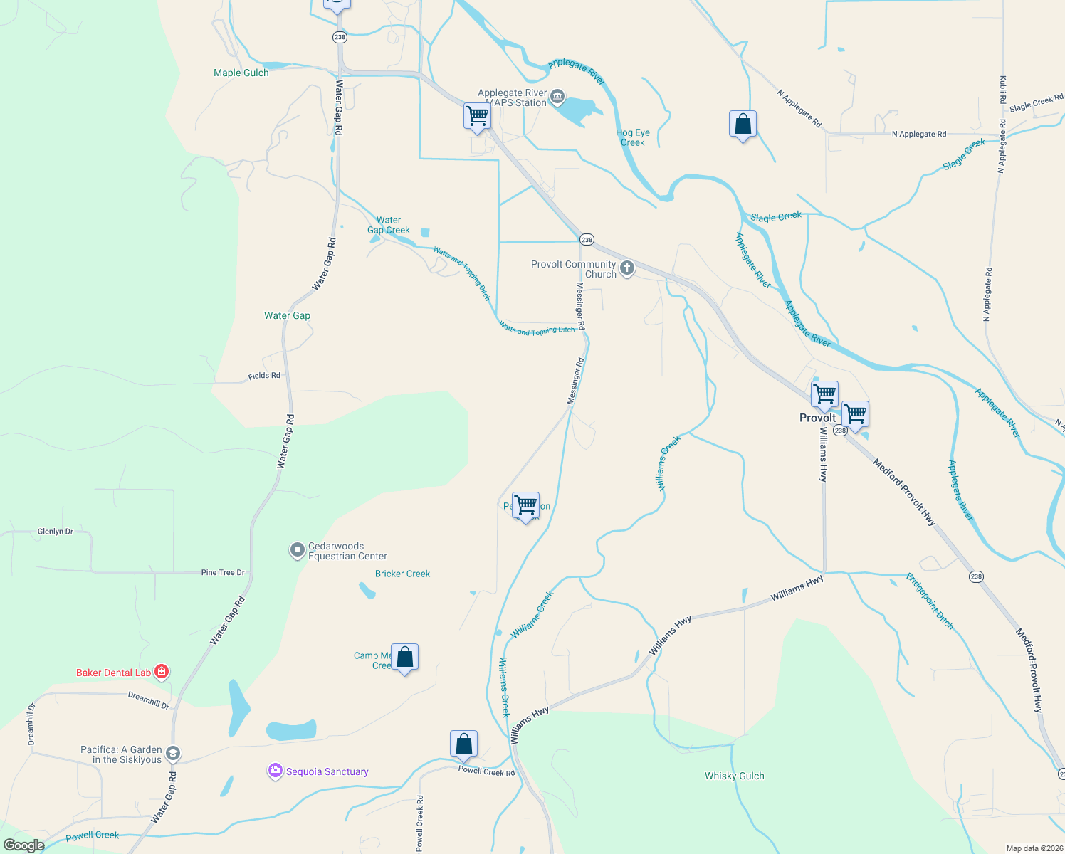 map of restaurants, bars, coffee shops, grocery stores, and more near 788 Messinger Road in Grants Pass