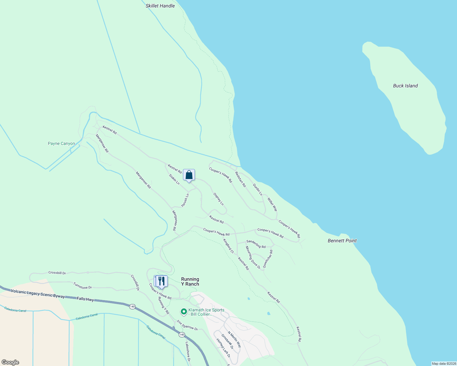 map of restaurants, bars, coffee shops, grocery stores, and more near 6818 Cooper's Hawk Road in Klamath Falls