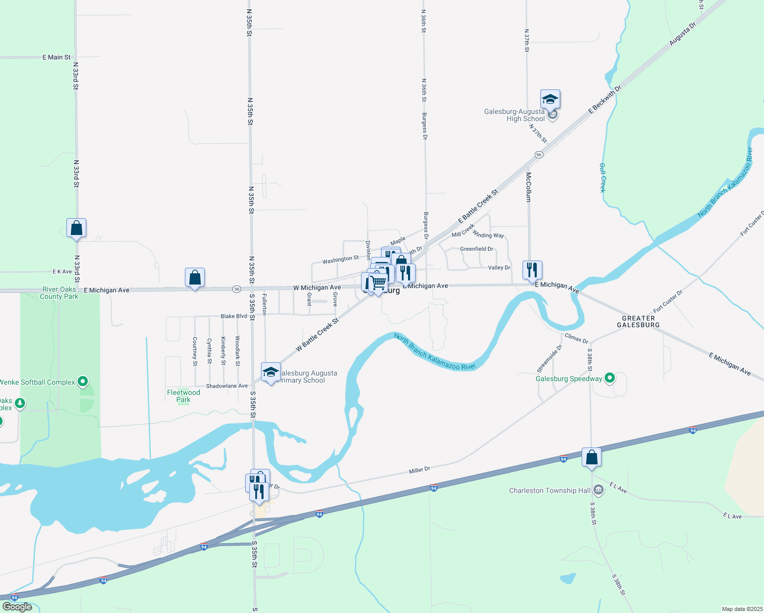 map of restaurants, bars, coffee shops, grocery stores, and more near Mill Street in Galesburg