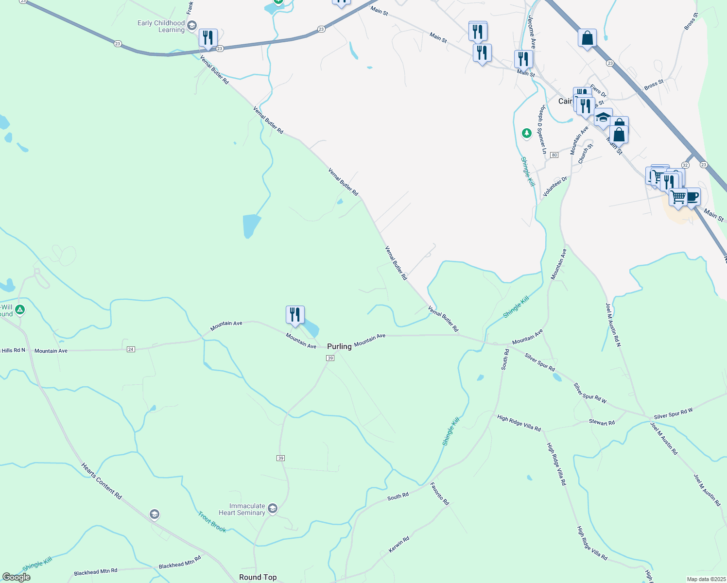 map of restaurants, bars, coffee shops, grocery stores, and more near 68 Clearwater Dr in Purling