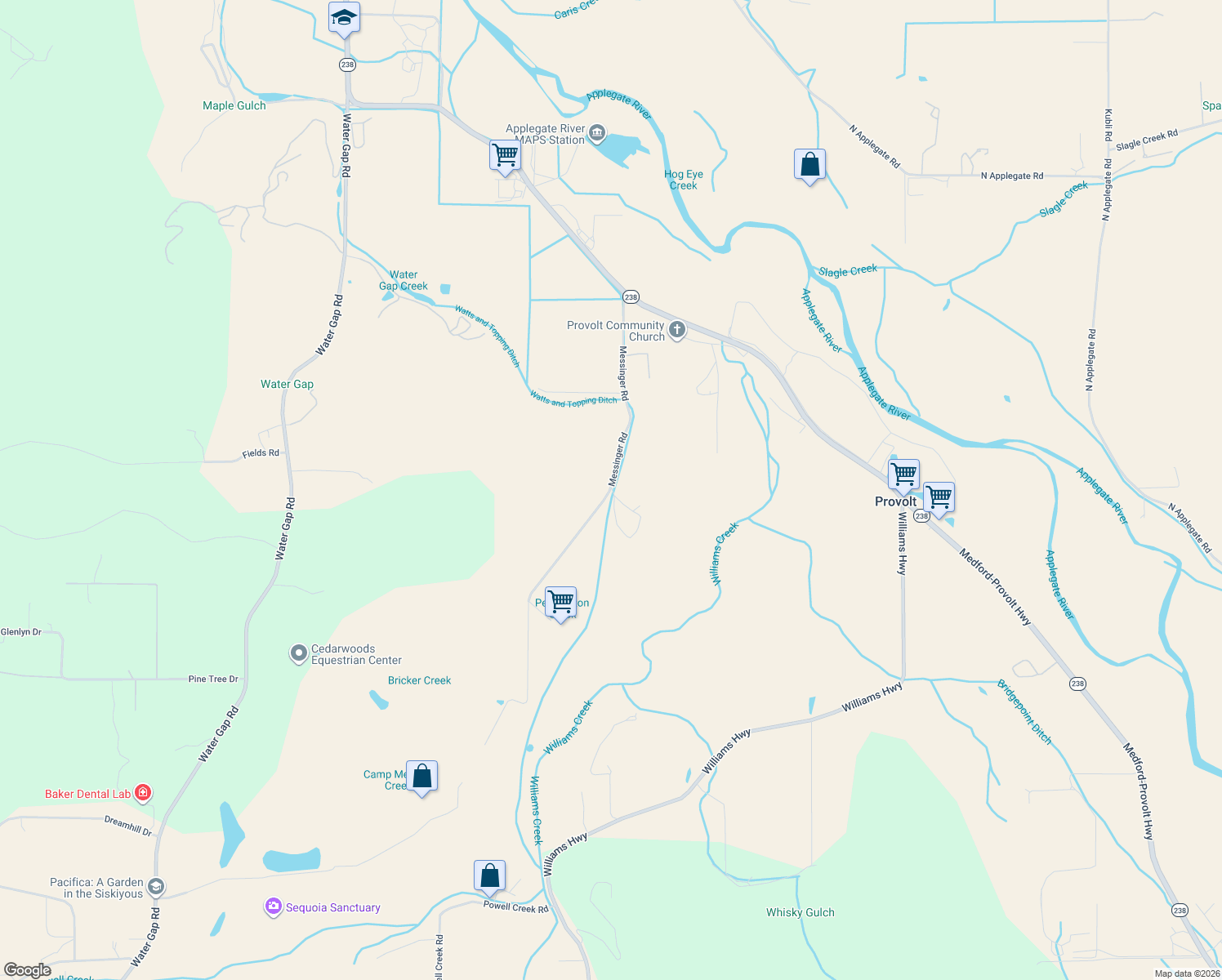 map of restaurants, bars, coffee shops, grocery stores, and more near 695 Messinger Road in Grants Pass
