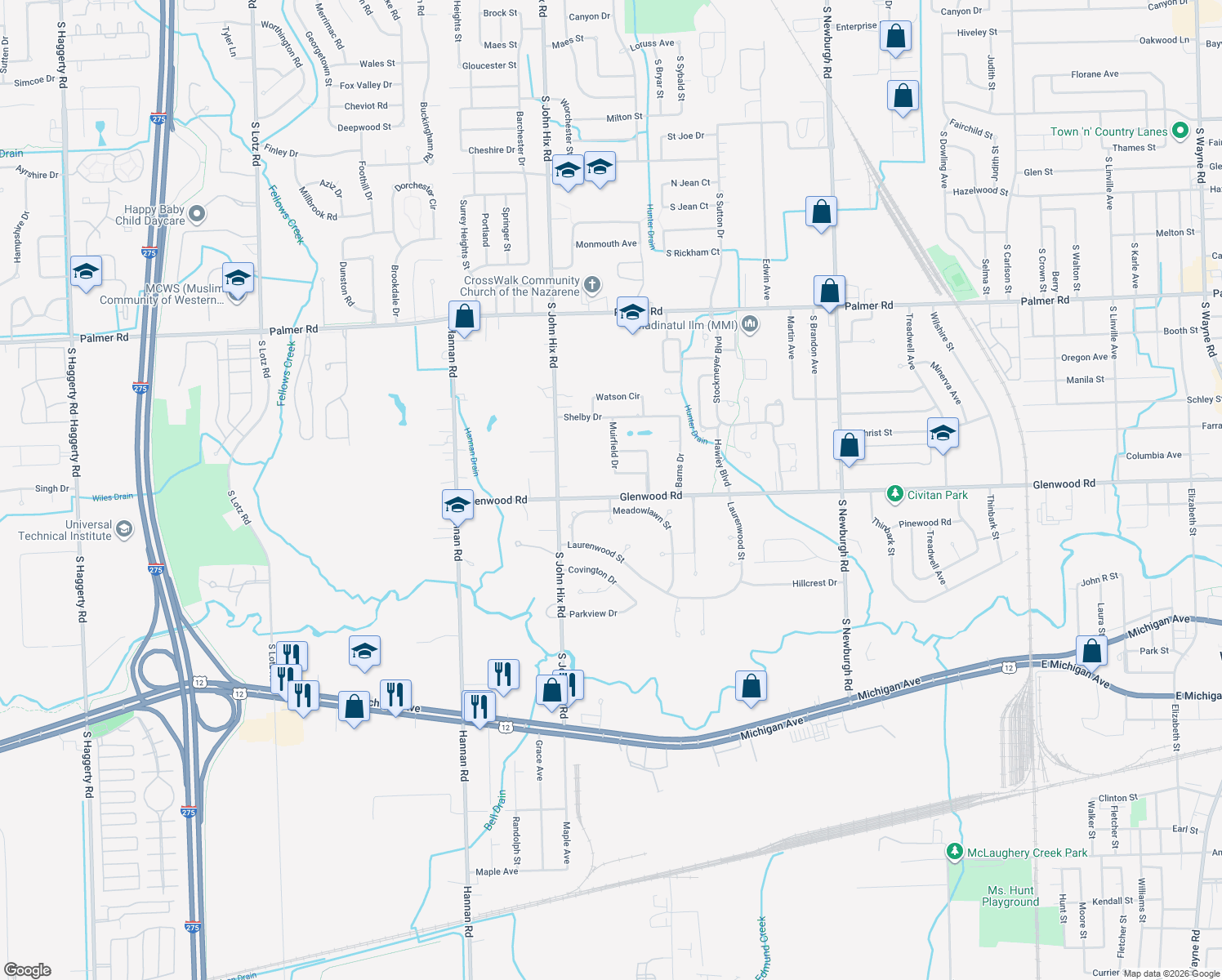 map of restaurants, bars, coffee shops, grocery stores, and more near 38604 Glenwood Road in Westland