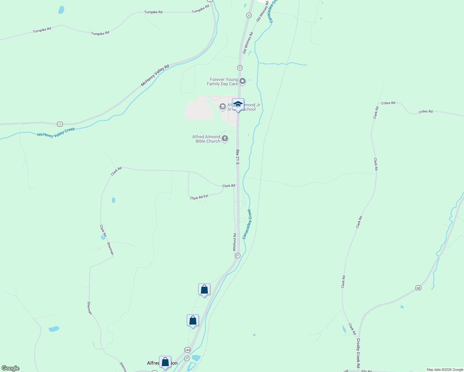 map of restaurants, bars, coffee shops, grocery stores, and more near Clark Road in Alfred Station