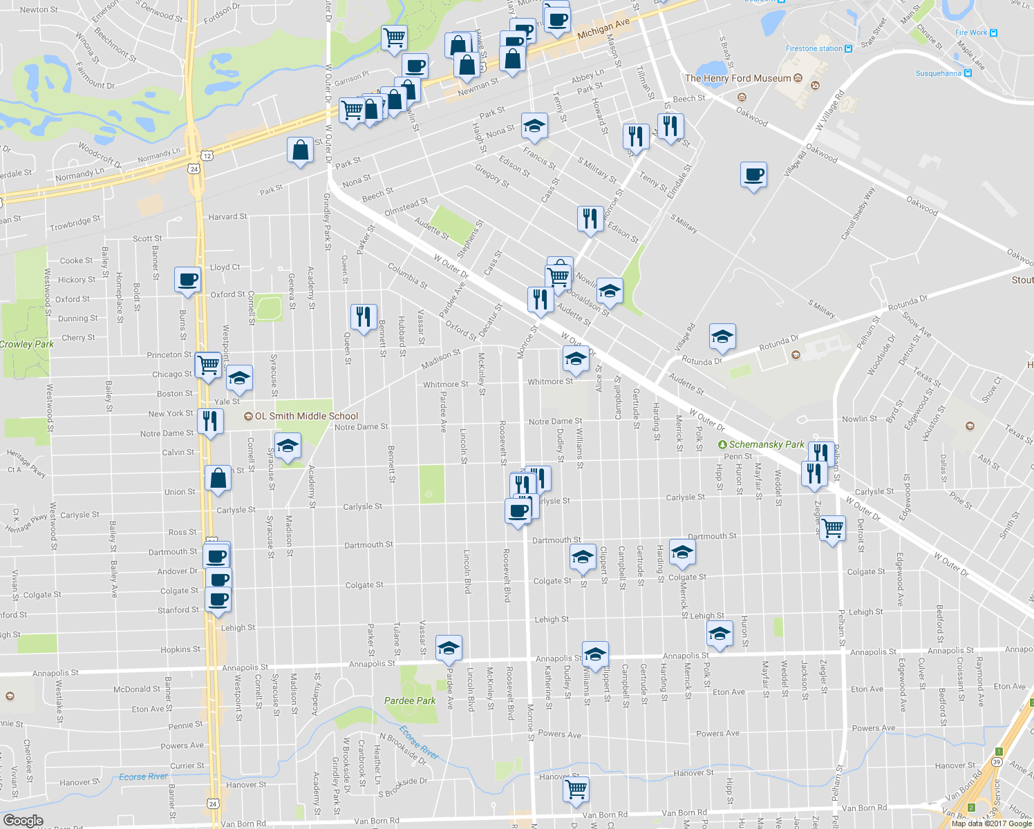 map of restaurants, bars, coffee shops, grocery stores, and more near 3244 Monroe Street in Dearborn