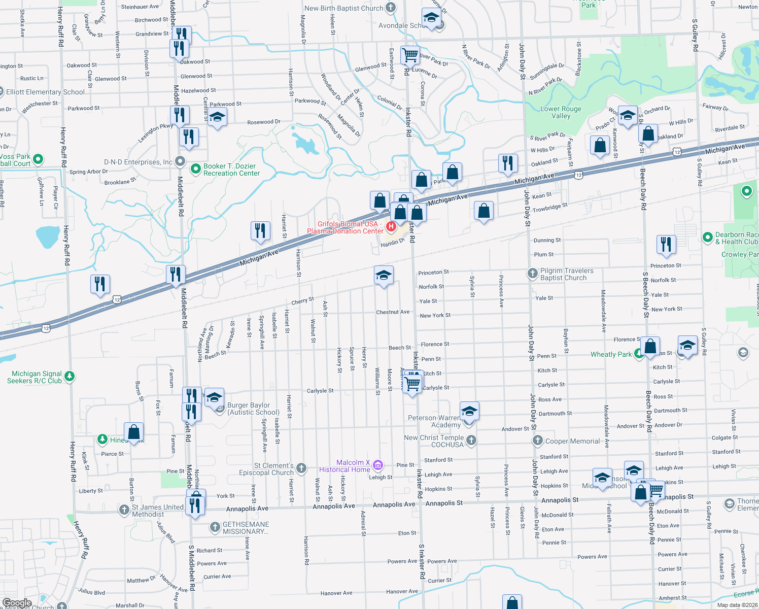 map of restaurants, bars, coffee shops, grocery stores, and more near 3111 Williams Street in Inkster