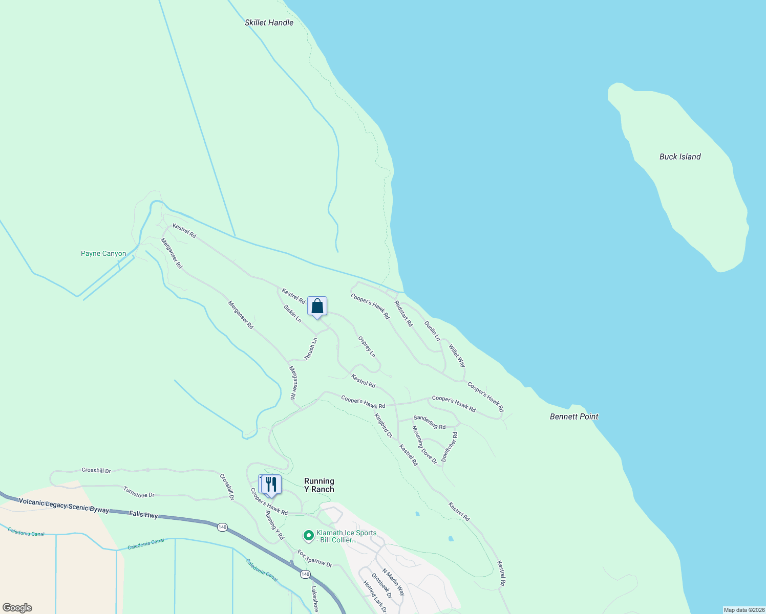 map of restaurants, bars, coffee shops, grocery stores, and more near 6908 Redstart Road in Klamath Falls
