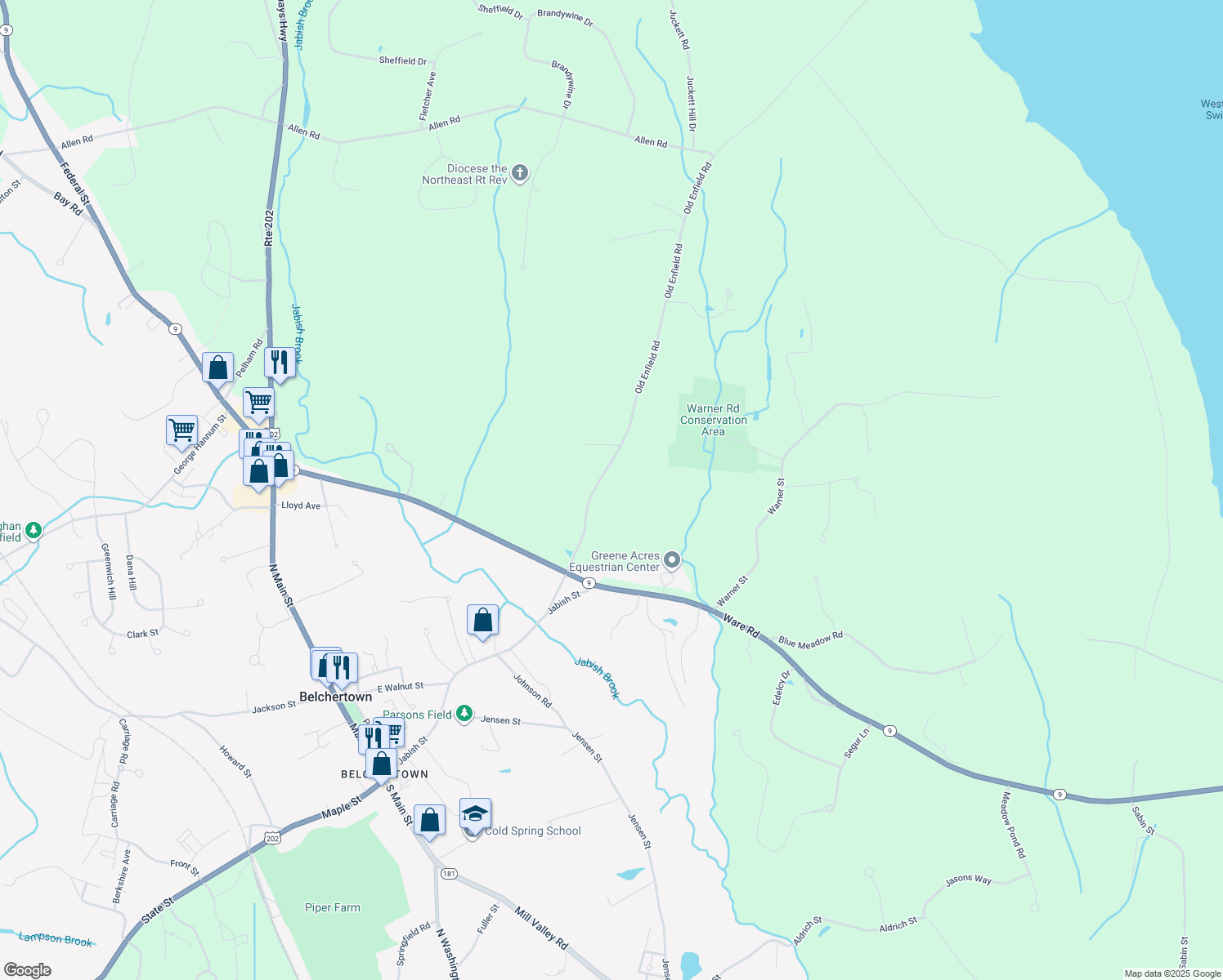 map of restaurants, bars, coffee shops, grocery stores, and more near 90 Old Enfield Road in Belchertown