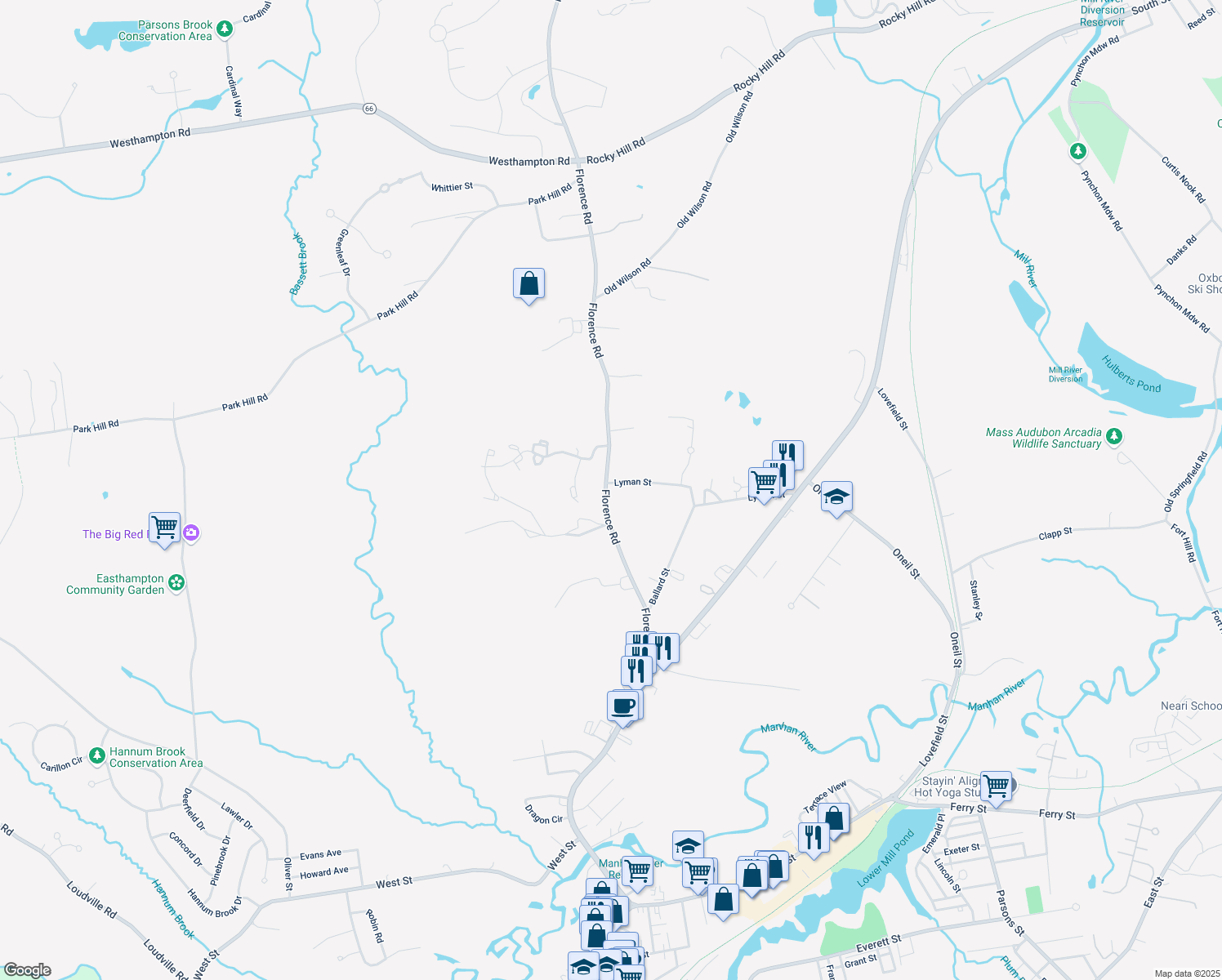map of restaurants, bars, coffee shops, grocery stores, and more near 59 Florence Road in Easthampton