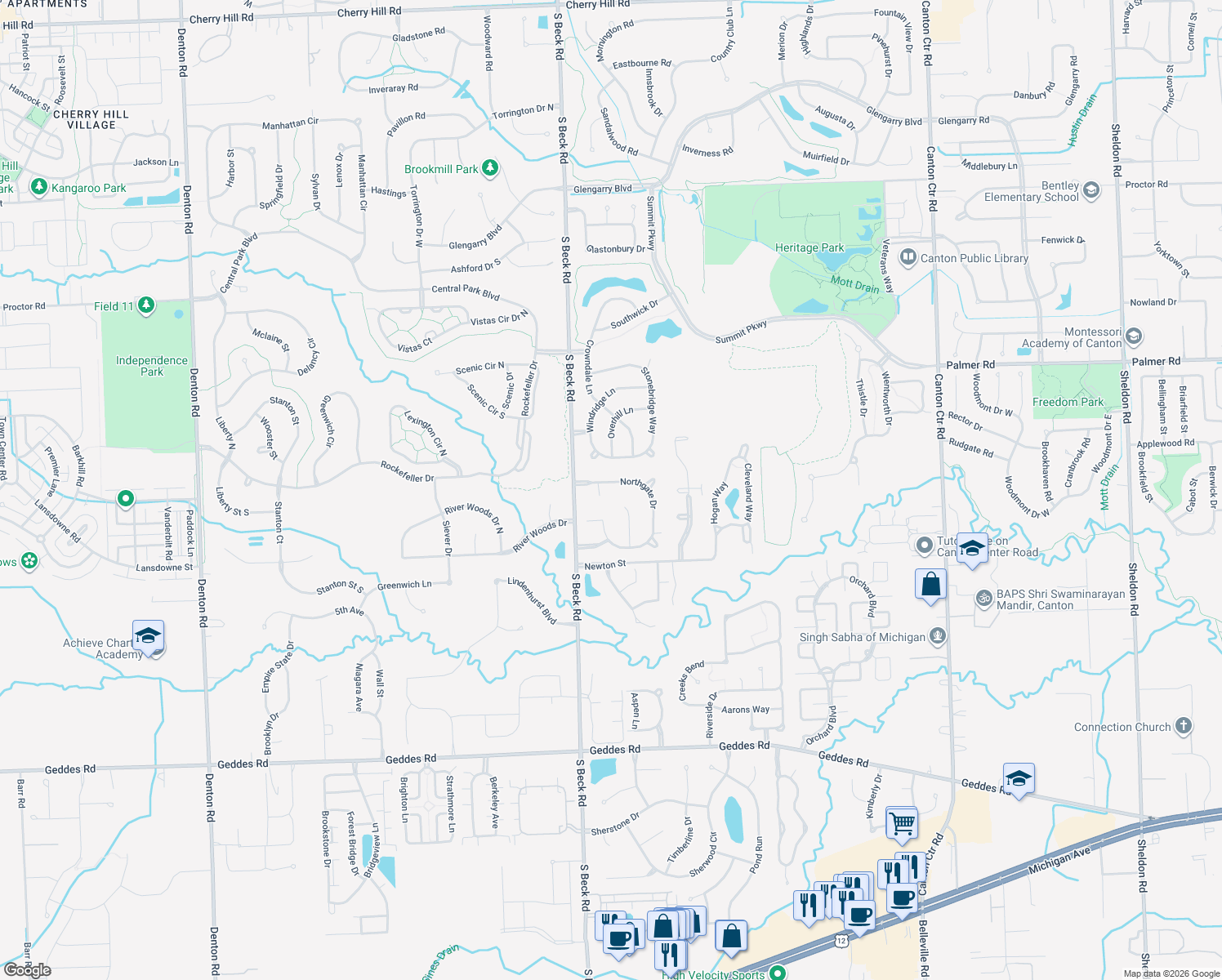map of restaurants, bars, coffee shops, grocery stores, and more near 47335 Northgate Drive in Canton