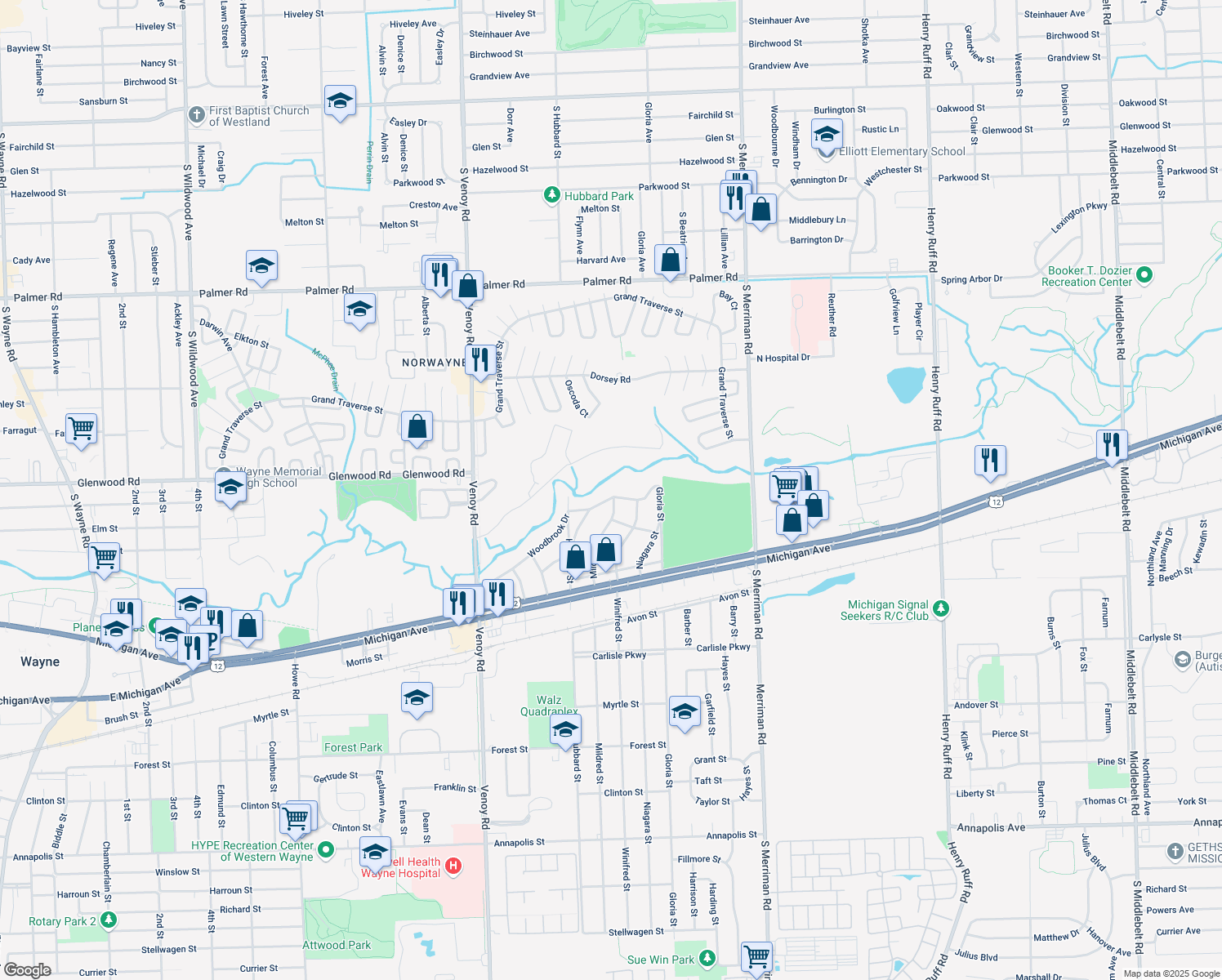 map of restaurants, bars, coffee shops, grocery stores, and more near 32210 Woodbrook Dr in Wayne