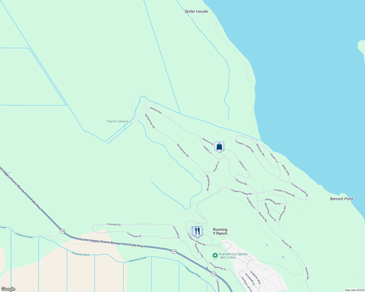 map of restaurants, bars, coffee shops, grocery stores, and more near 11629 Merganser Road in Klamath Falls