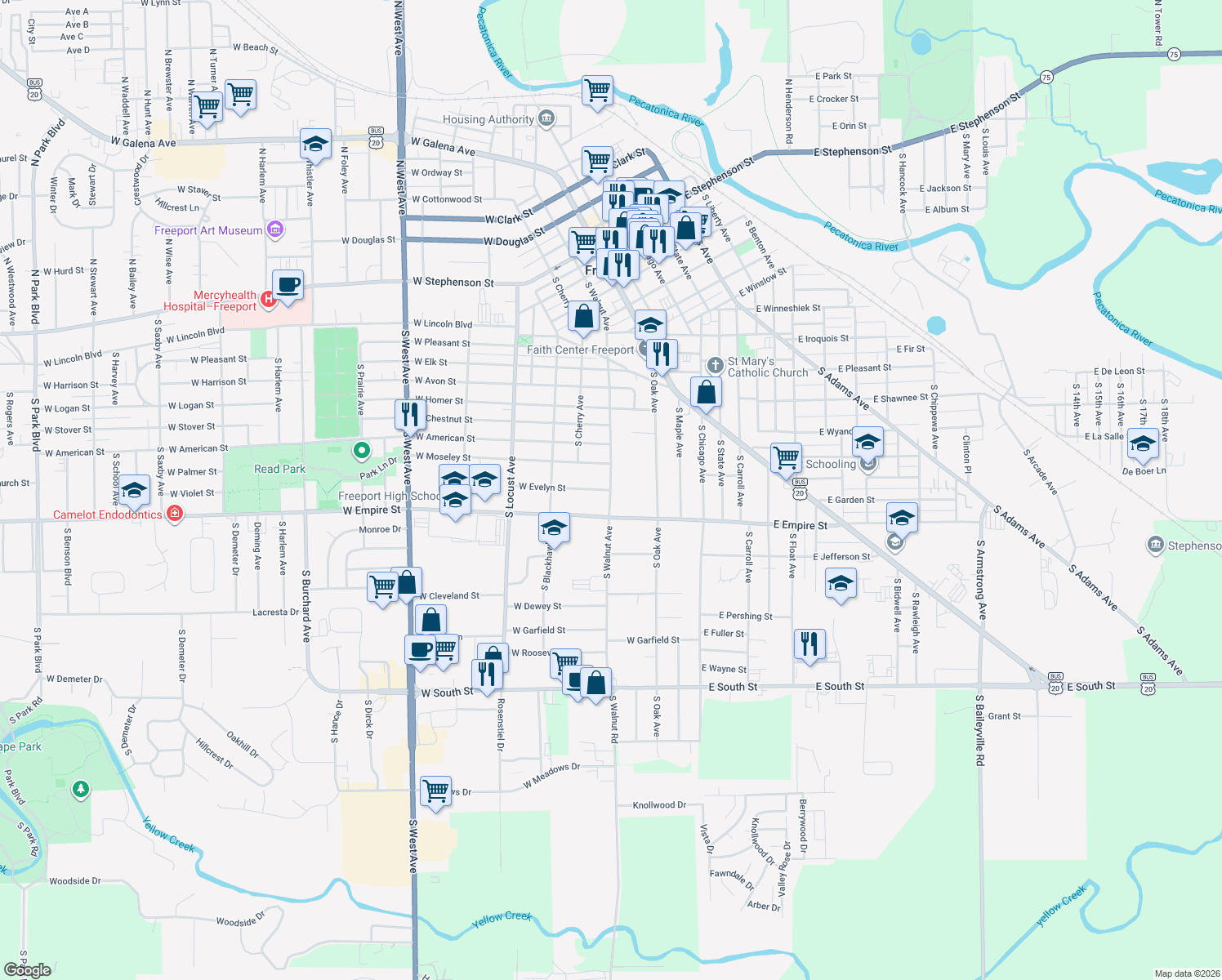 map of restaurants, bars, coffee shops, grocery stores, and more near 1231 South Walnut Avenue in Freeport