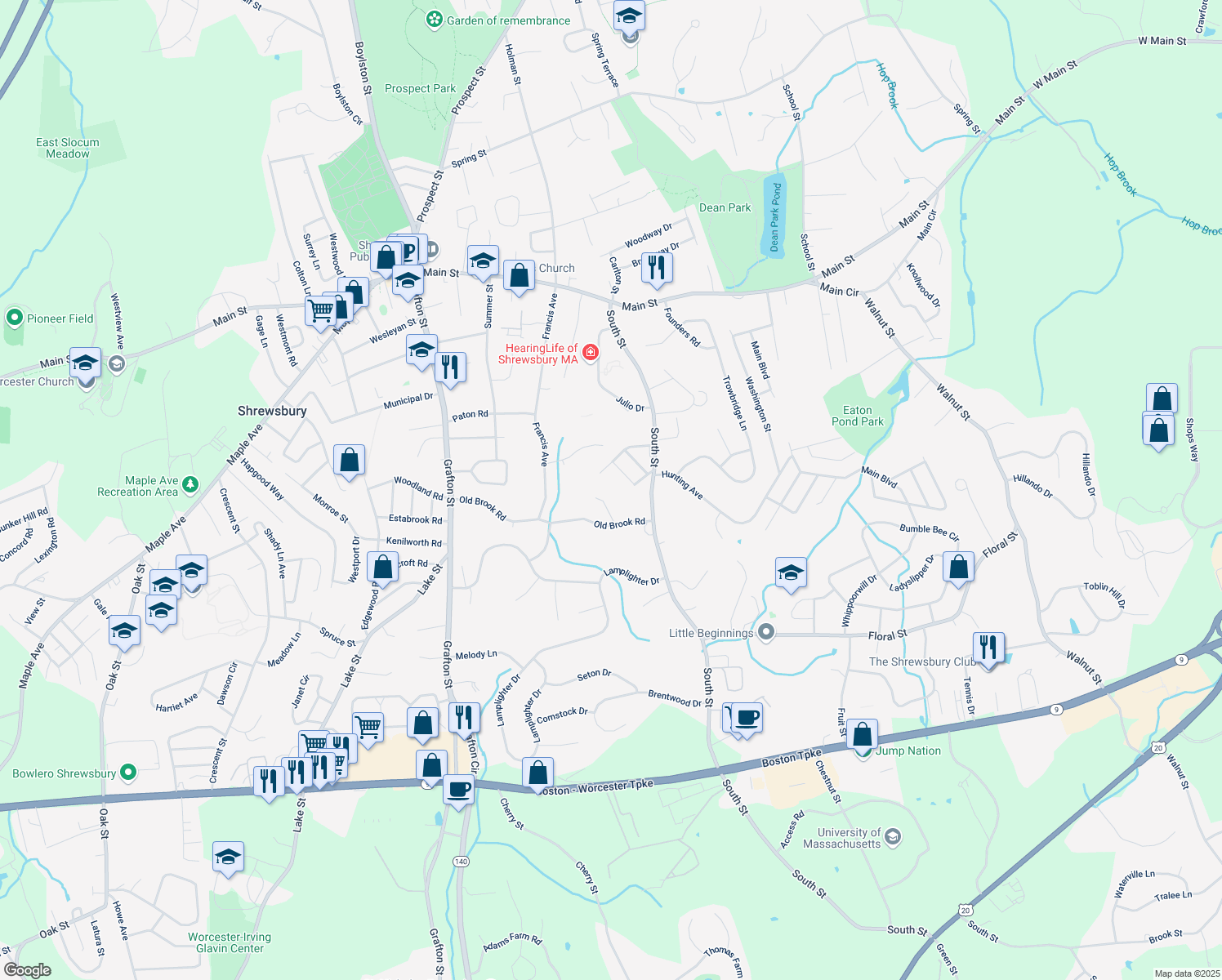 map of restaurants, bars, coffee shops, grocery stores, and more near 37 Farview Avenue in Shrewsbury