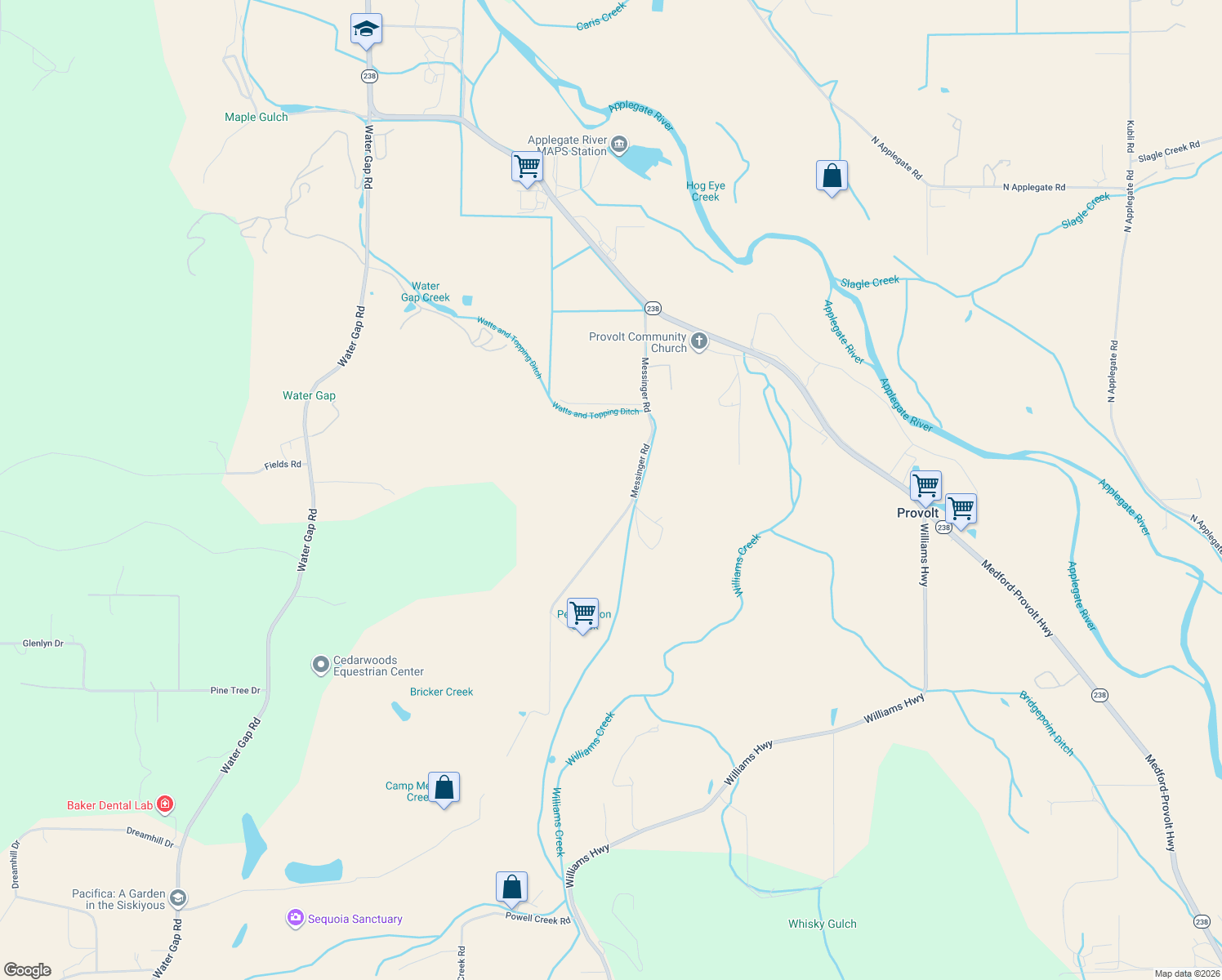 map of restaurants, bars, coffee shops, grocery stores, and more near 788 Messinger Road in Grants Pass