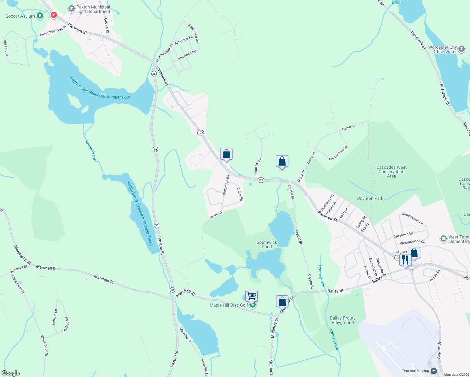 map of restaurants, bars, coffee shops, grocery stores, and more near 6 Cutler Road in Paxton