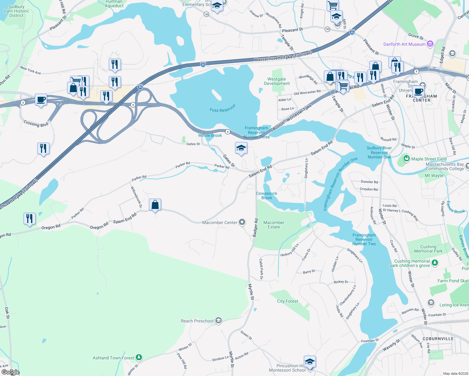 map of restaurants, bars, coffee shops, grocery stores, and more near 625 Salem End Rd in Framingham