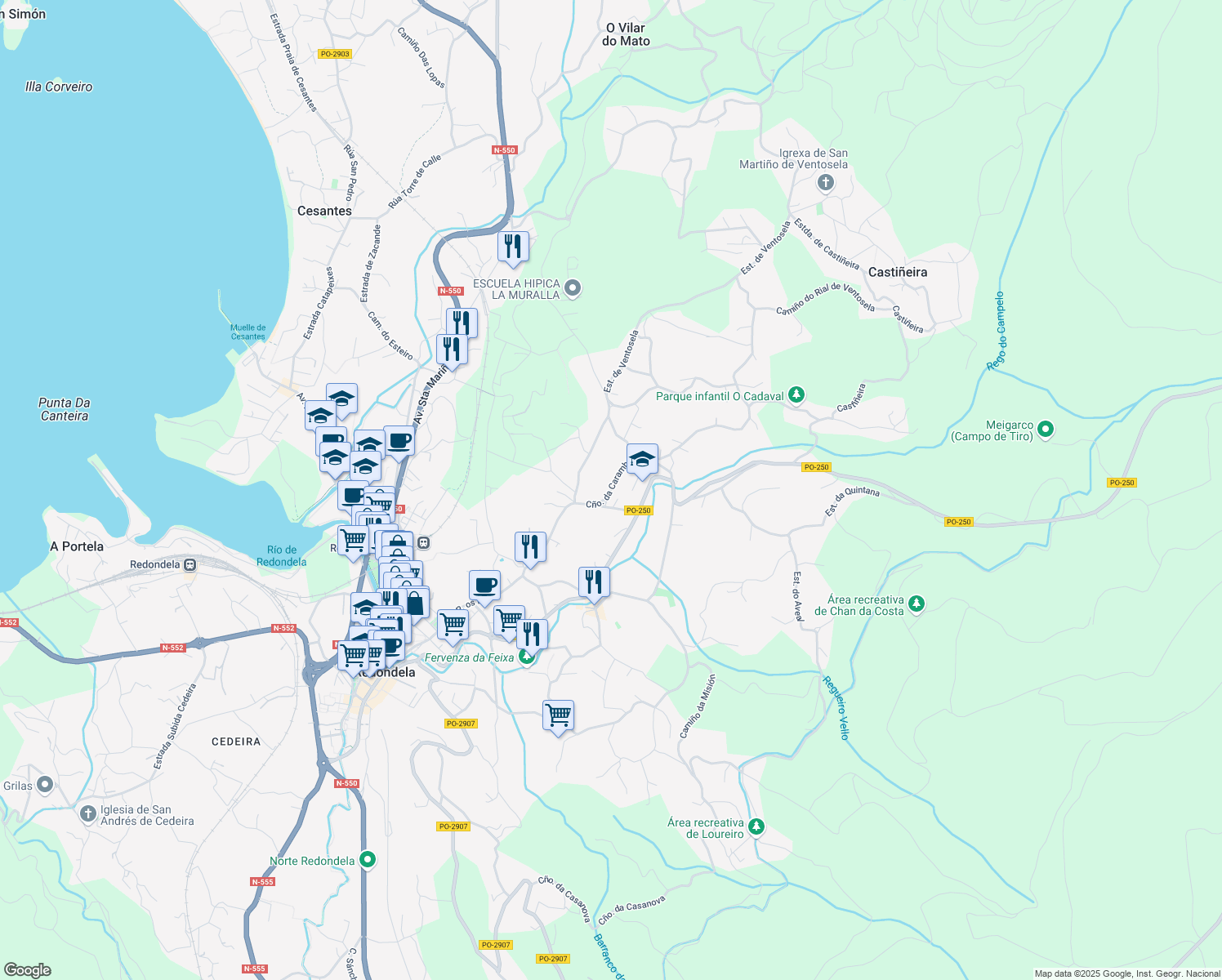 map of restaurants, bars, coffee shops, grocery stores, and more near 10 Estrada de Pazos in Redondela