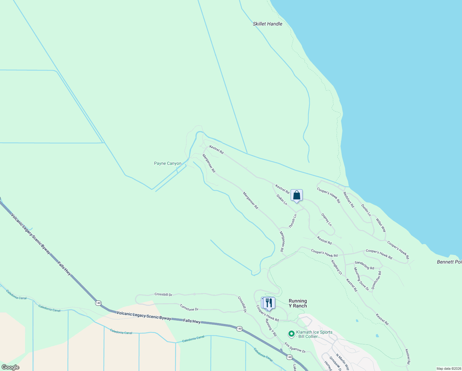 map of restaurants, bars, coffee shops, grocery stores, and more near 11819 Merganser Road in Klamath Falls