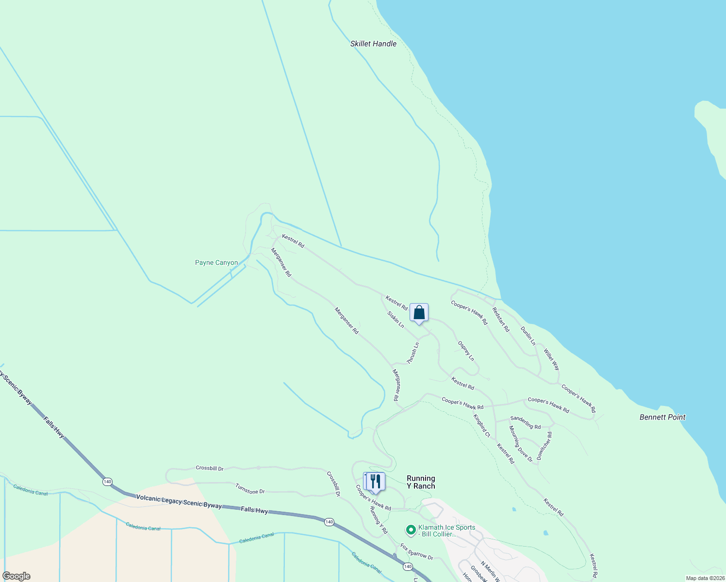 map of restaurants, bars, coffee shops, grocery stores, and more near 11430 Kestrel Road in Klamath Falls