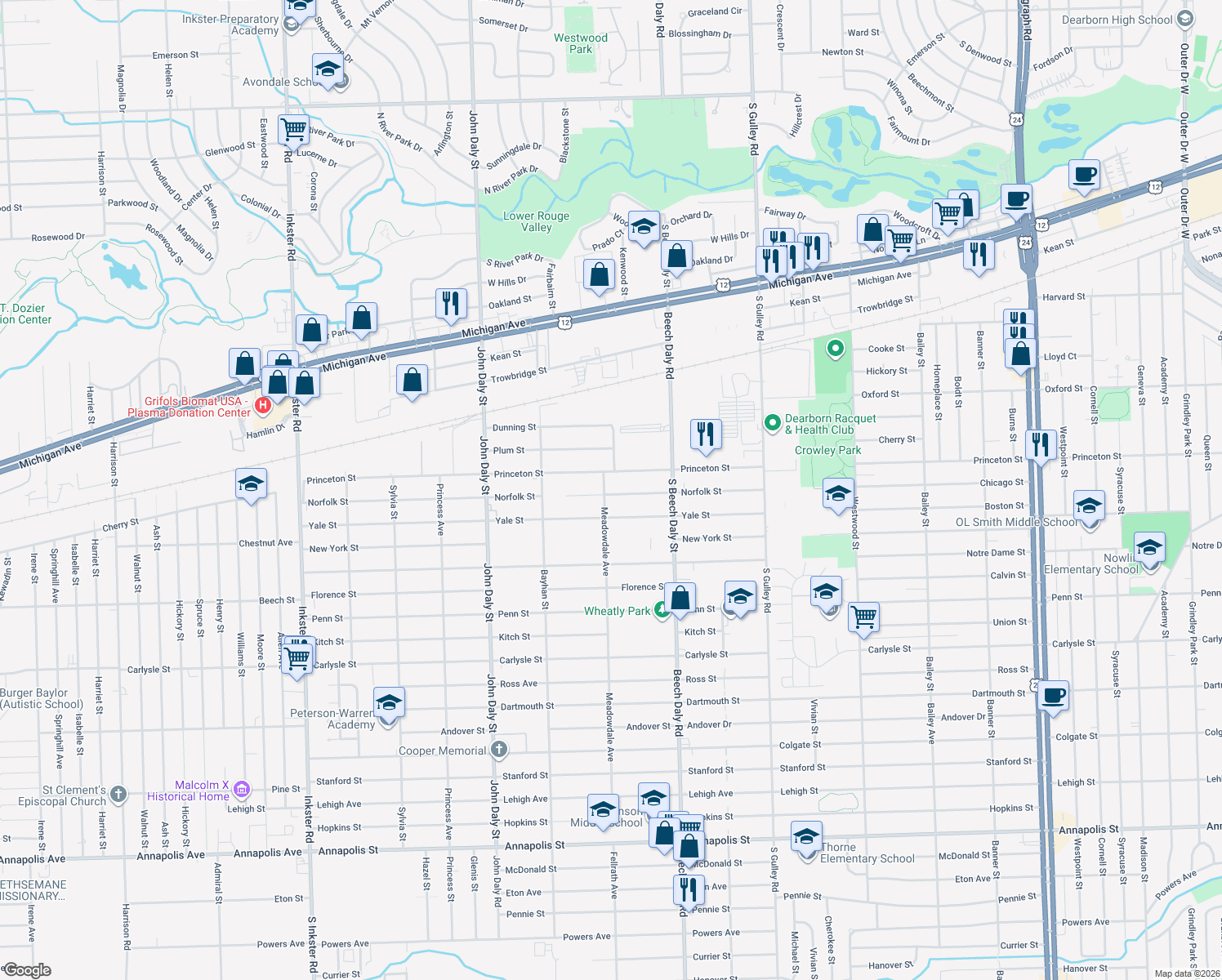 map of restaurants, bars, coffee shops, grocery stores, and more near 26080 Norfolk Street in Inkster