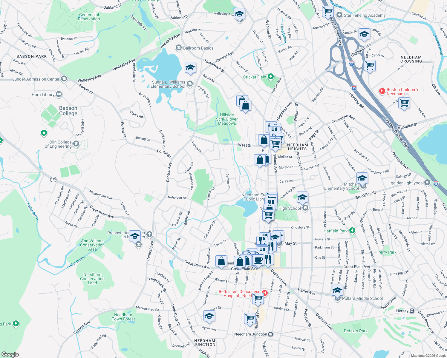 map of restaurants, bars, coffee shops, grocery stores, and more near 7 Hollow Ridge Road in Needham
