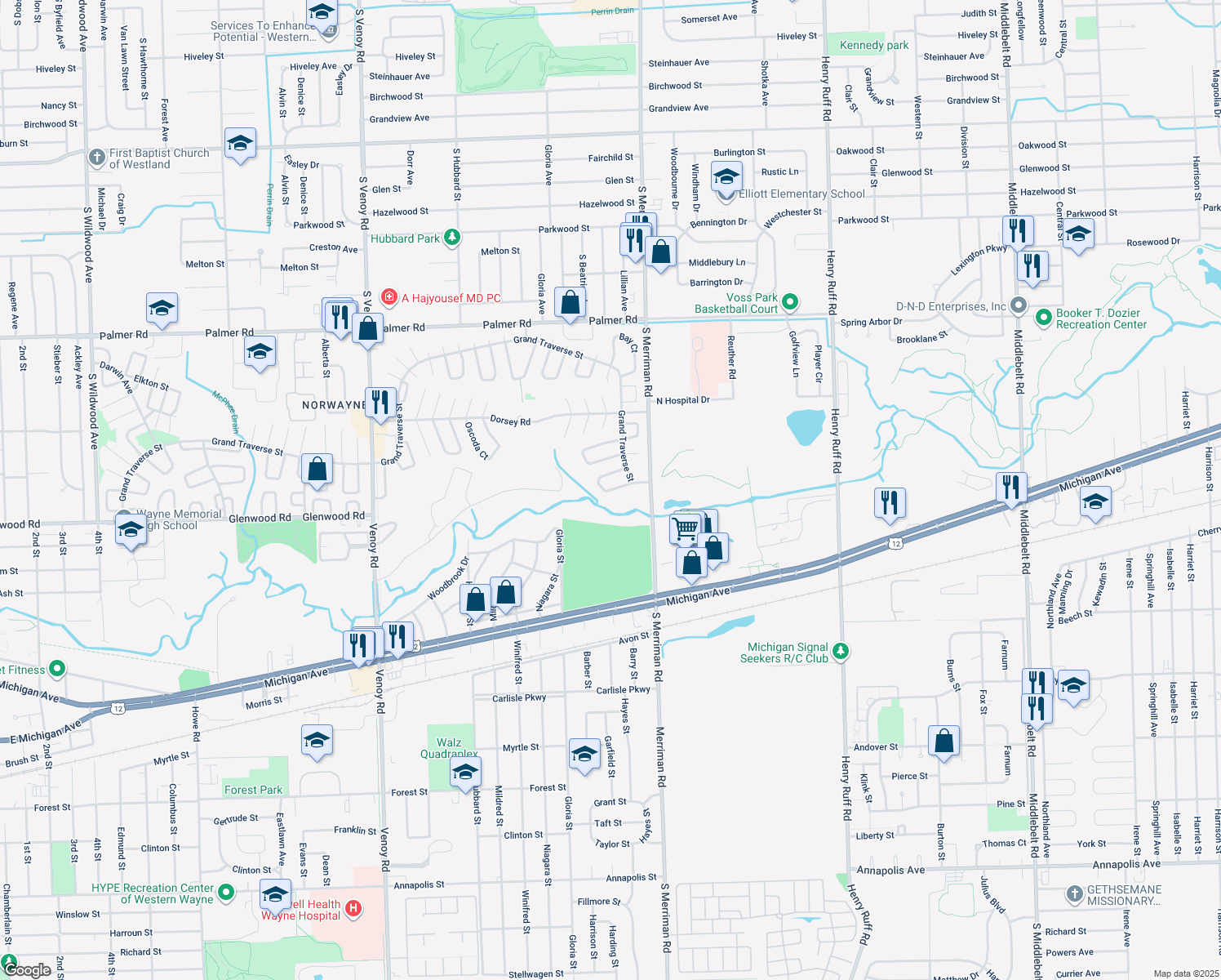 map of restaurants, bars, coffee shops, grocery stores, and more near 31443 Alcona Court in Westland