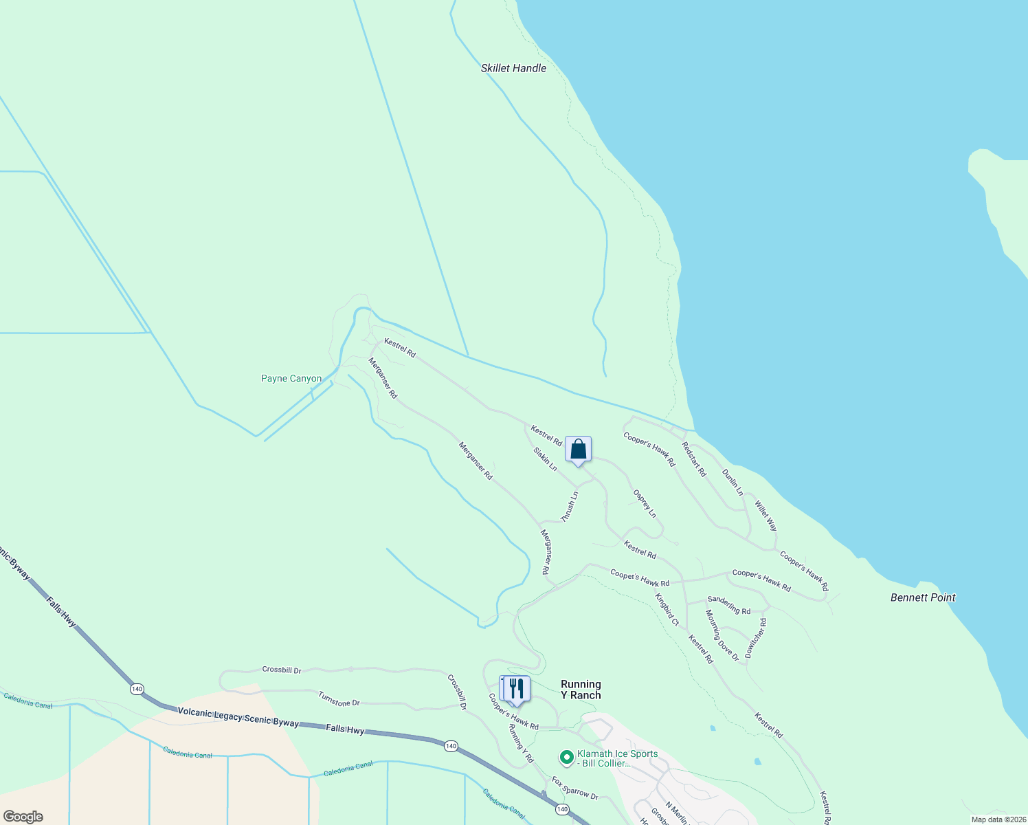 map of restaurants, bars, coffee shops, grocery stores, and more near 11311 Kestrel Road in Klamath Falls