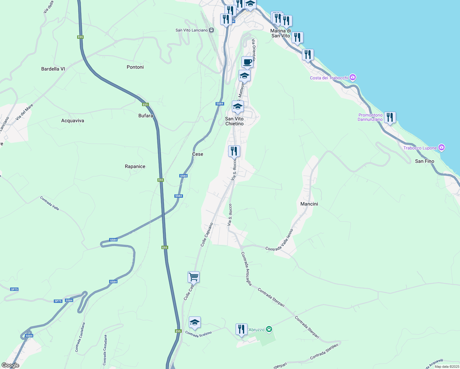 map of restaurants, bars, coffee shops, grocery stores, and more near 53 Via San Rocco in Provincia di Chieti