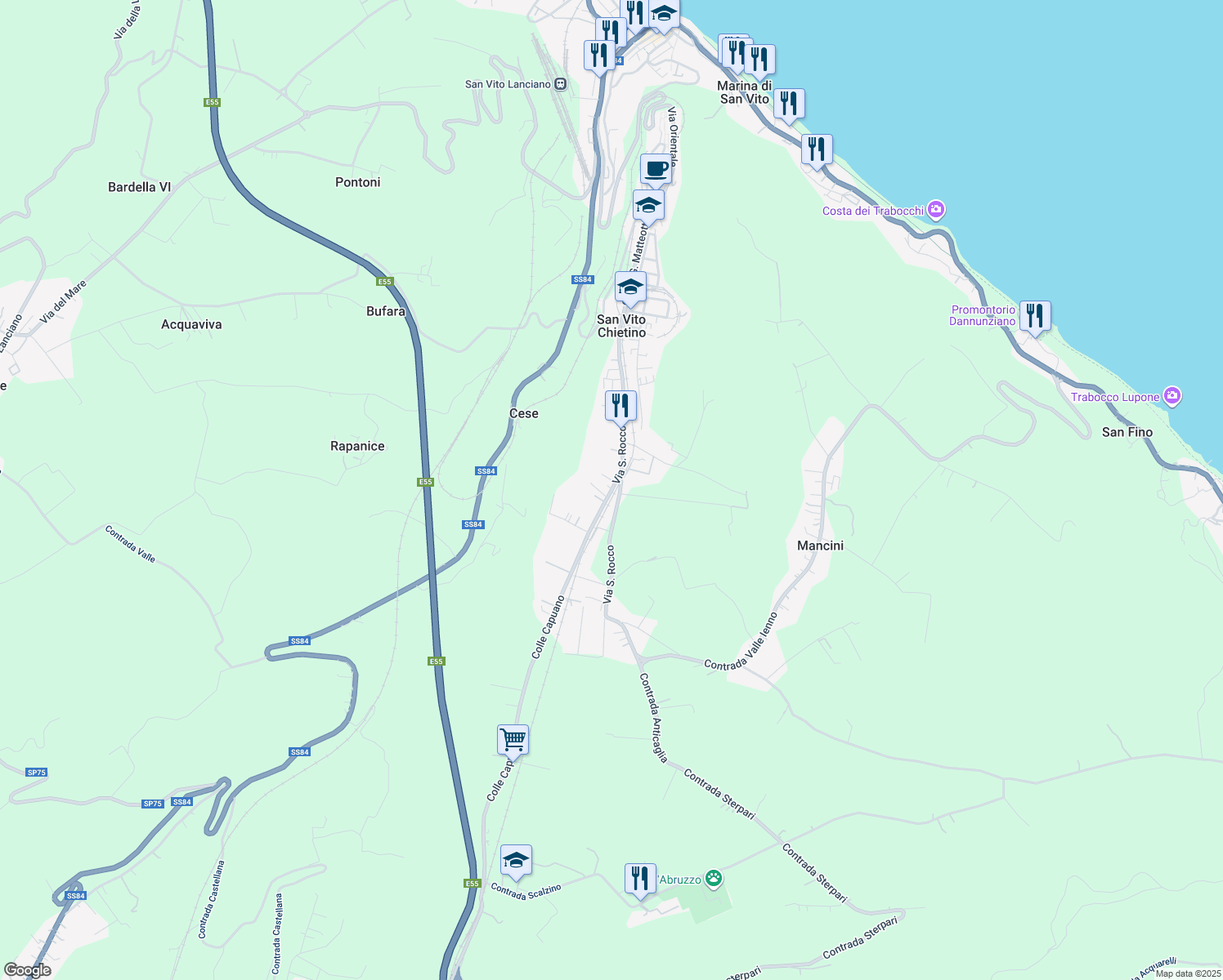 map of restaurants, bars, coffee shops, grocery stores, and more near 53 Via San Rocco in Provincia di Chieti