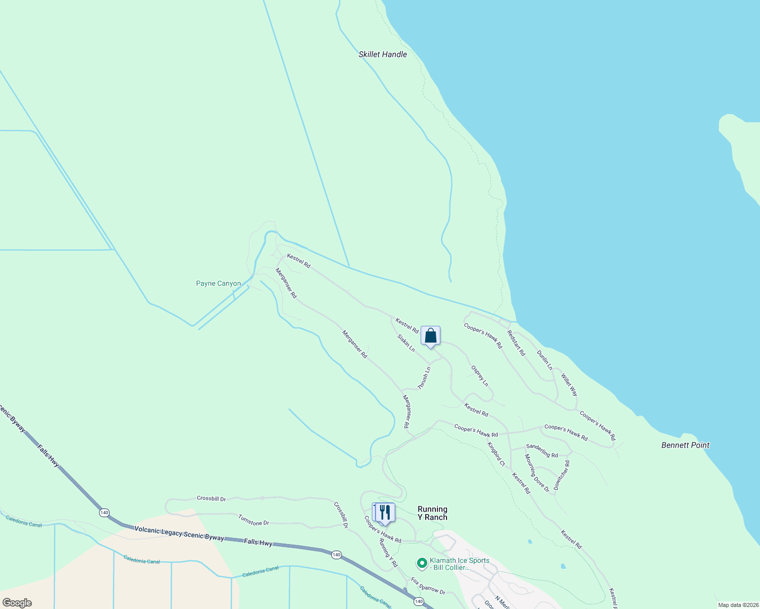 map of restaurants, bars, coffee shops, grocery stores, and more near 11430 Kestrel Road in Klamath Falls