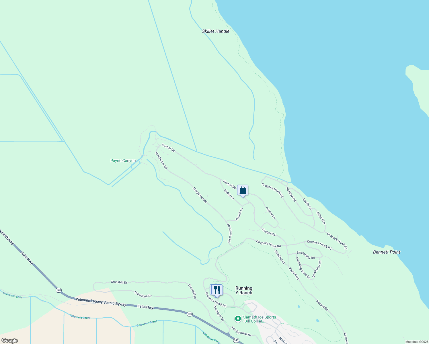 map of restaurants, bars, coffee shops, grocery stores, and more near 11430 Kestrel Road in Klamath Falls