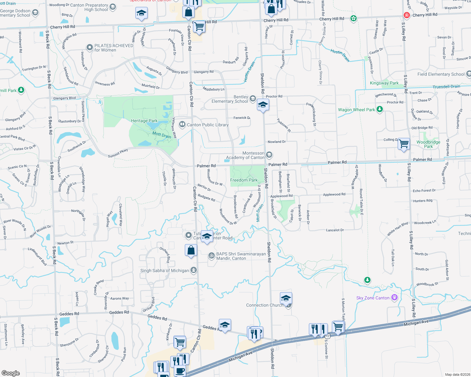 map of restaurants, bars, coffee shops, grocery stores, and more near 44808 Ridgefield Road in Canton