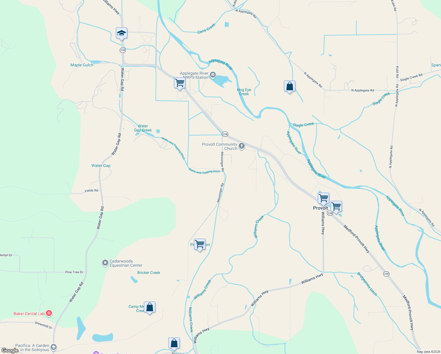 map of restaurants, bars, coffee shops, grocery stores, and more near 587 Messinger Road in Grants Pass