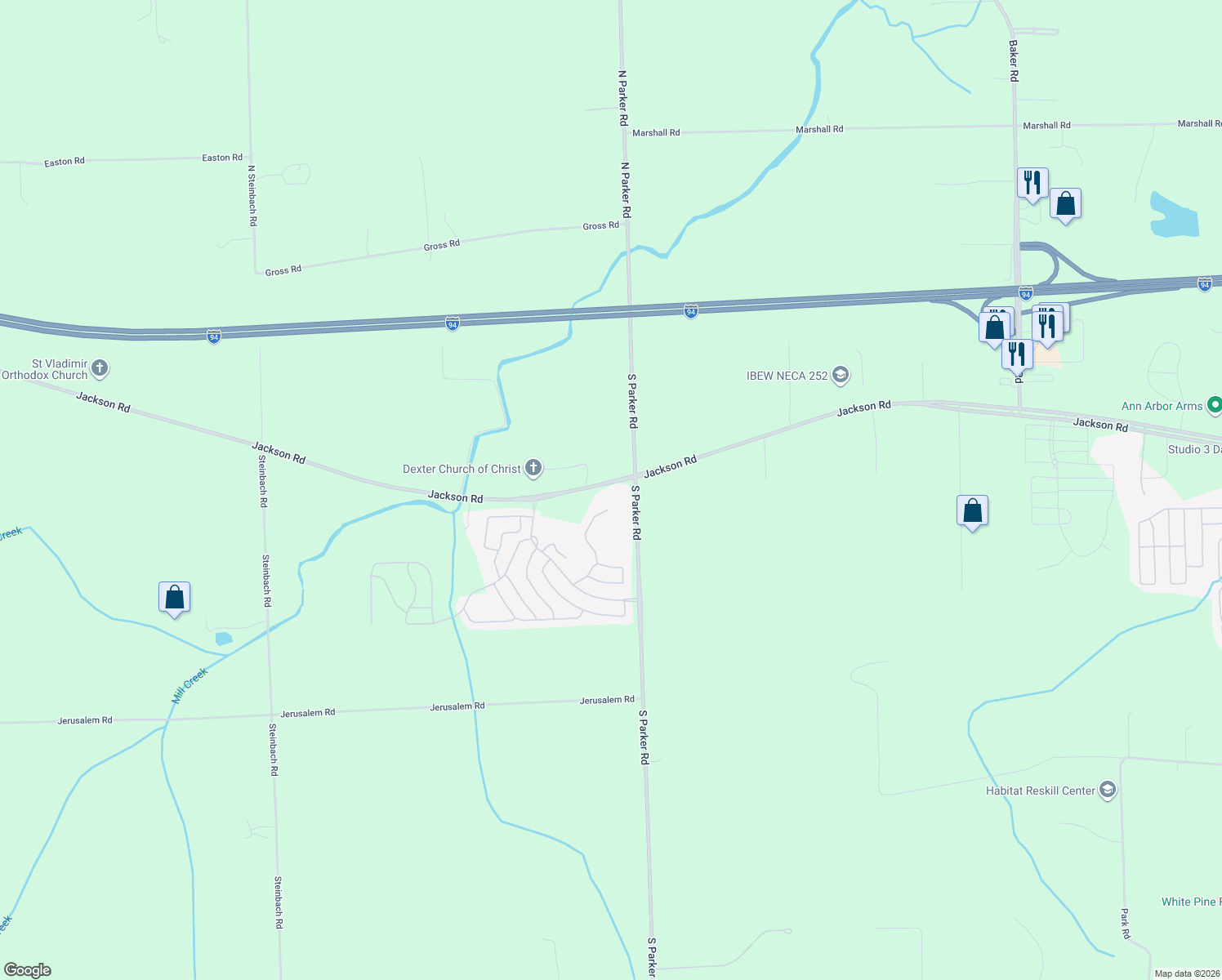 map of restaurants, bars, coffee shops, grocery stores, and more near 8545 Jackson Road in Dexter