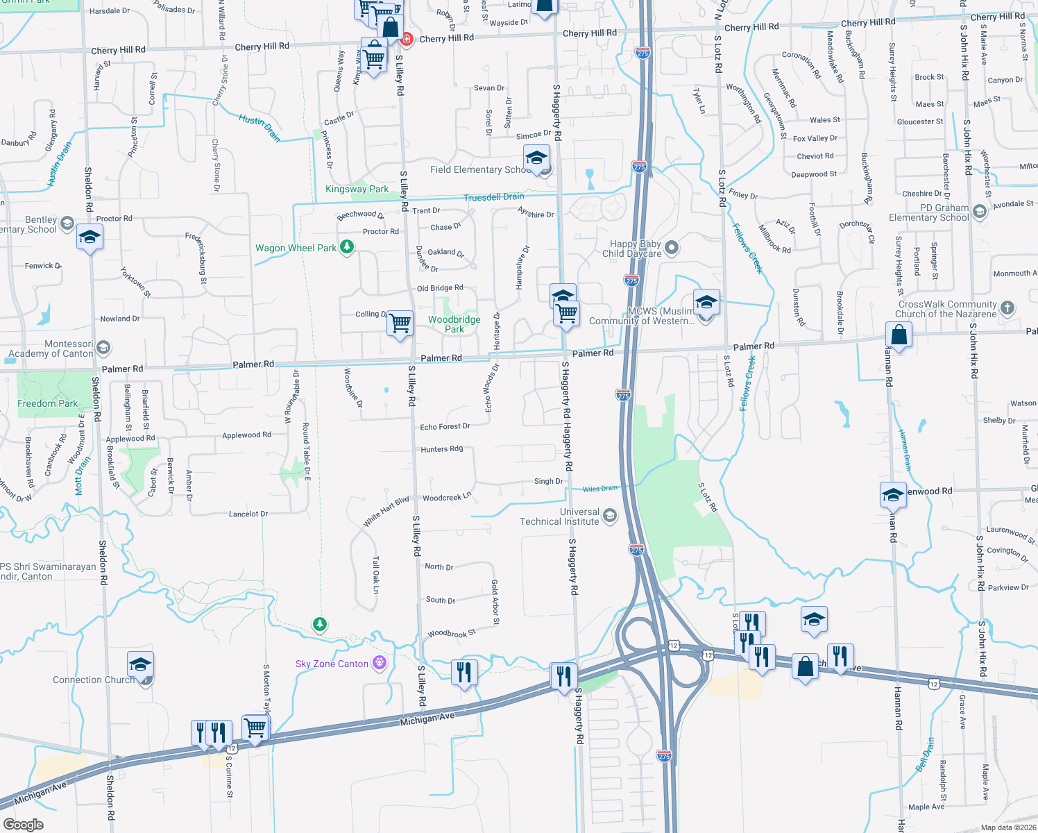 map of restaurants, bars, coffee shops, grocery stores, and more near 41848 White Tail Ln in Canton