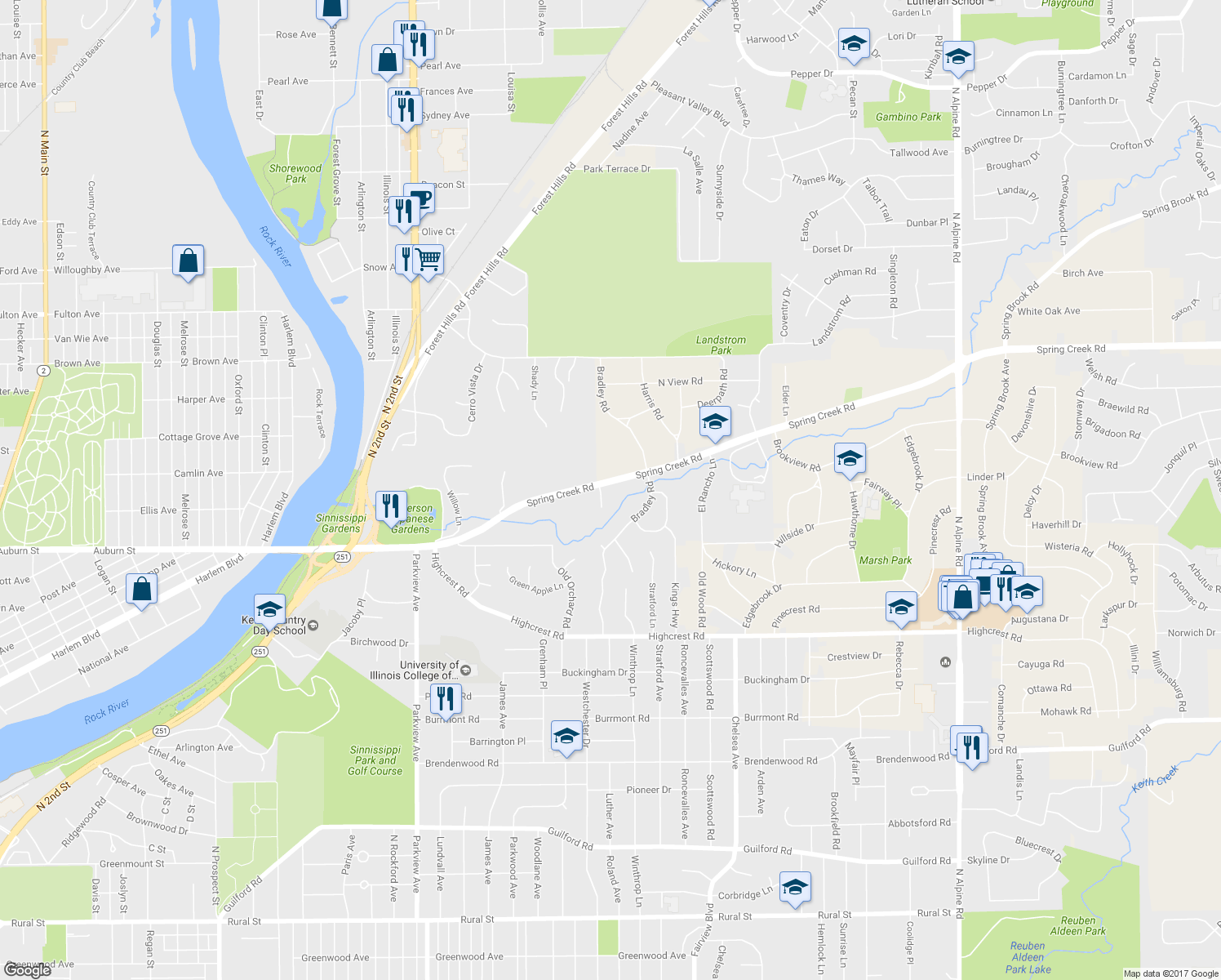 map of restaurants, bars, coffee shops, grocery stores, and more near 3111 Spring Creek Road in Rockford