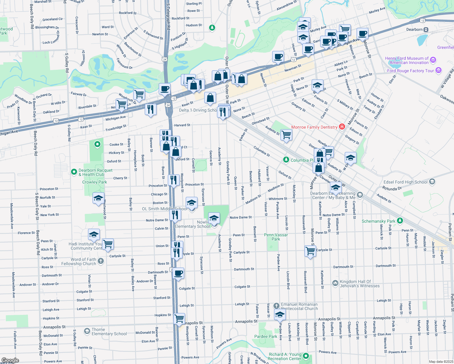 map of restaurants, bars, coffee shops, grocery stores, and more near 2850 Grindley Park Street in Dearborn