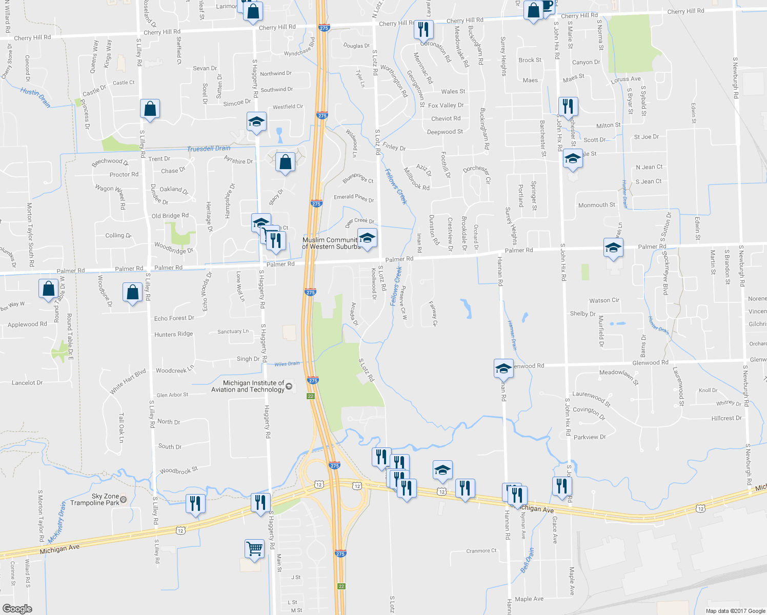 map of restaurants, bars, coffee shops, grocery stores, and more near 2218 South Lotz Road in Canton