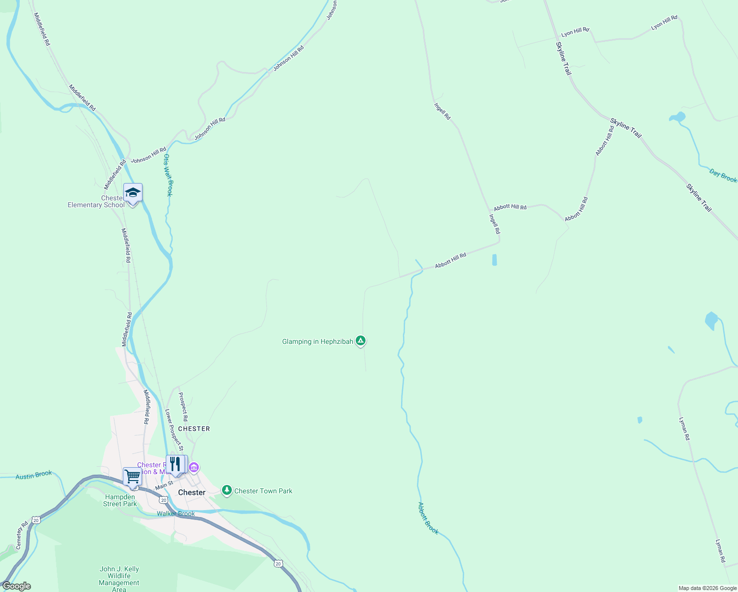 map of restaurants, bars, coffee shops, grocery stores, and more near 175-191 Abbott Hill Road in Chester