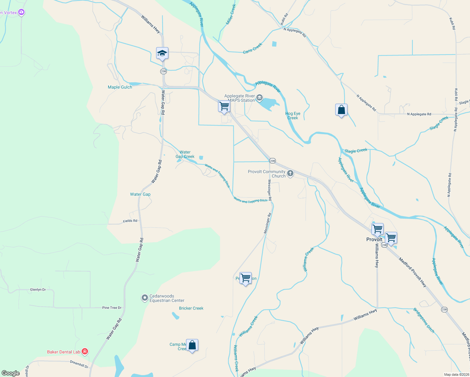 map of restaurants, bars, coffee shops, grocery stores, and more near 370 Messinger Road in Grants Pass