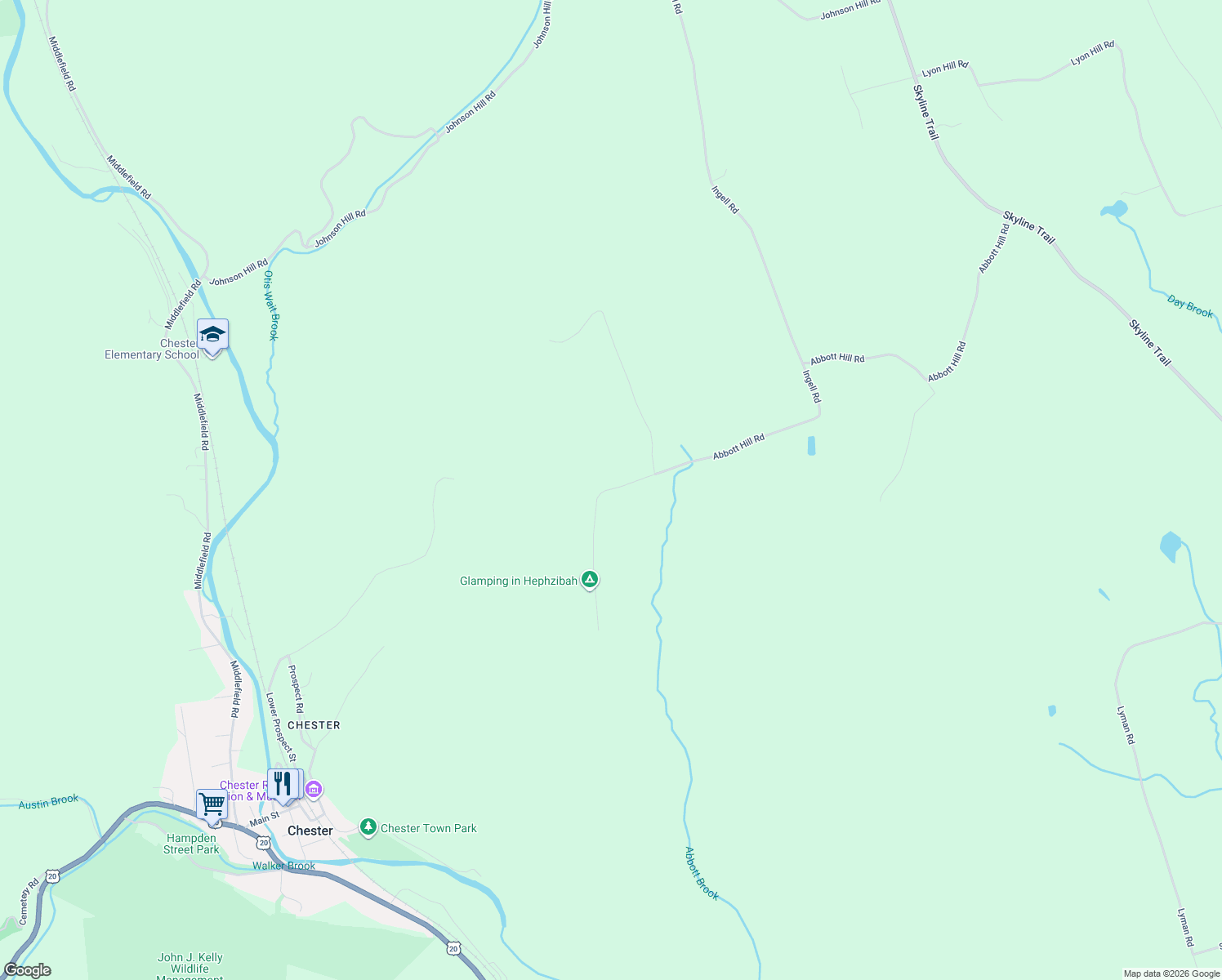 map of restaurants, bars, coffee shops, grocery stores, and more near 175 Abbott Hill Road in Chester