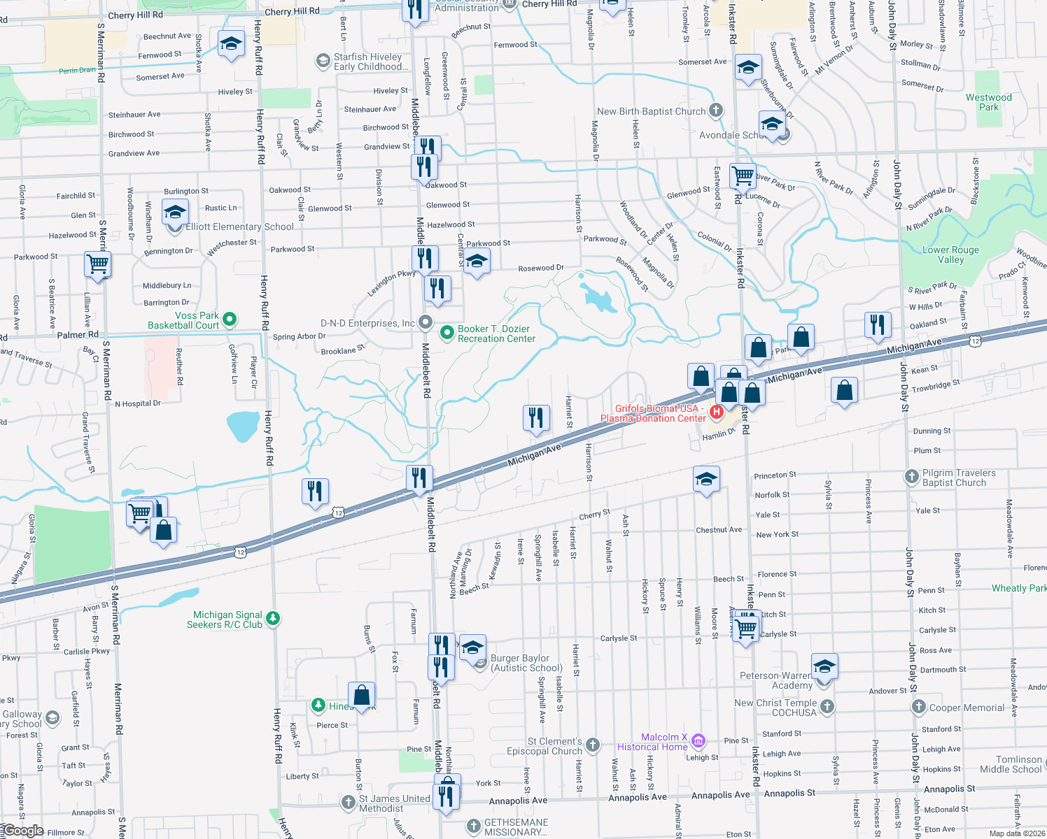 map of restaurants, bars, coffee shops, grocery stores, and more near 2326 Spring Hill Ave in Inkster