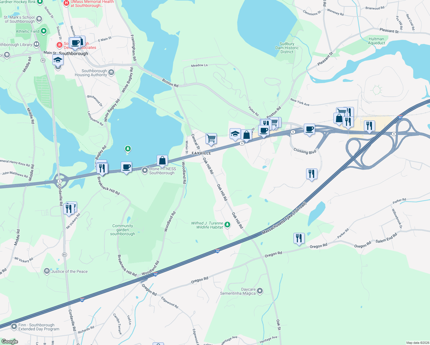 map of restaurants, bars, coffee shops, grocery stores, and more near 30 Oak Hill Road in Southborough