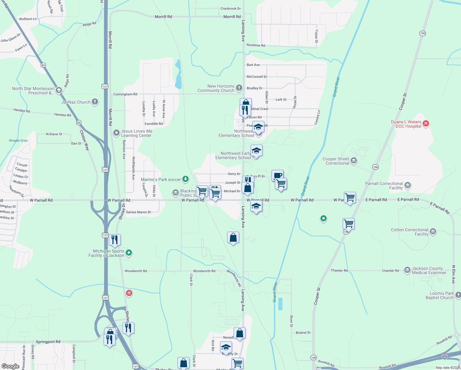 map of restaurants, bars, coffee shops, grocery stores, and more near 1317 Joseph St in Jackson