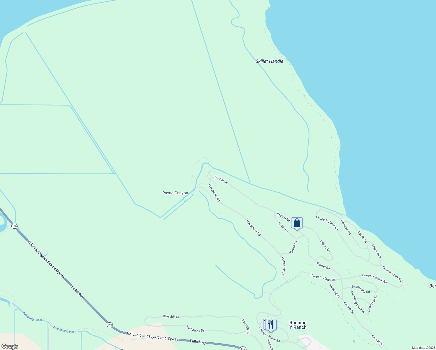 map of restaurants, bars, coffee shops, grocery stores, and more near 12065 Kestrel Road in Klamath Falls